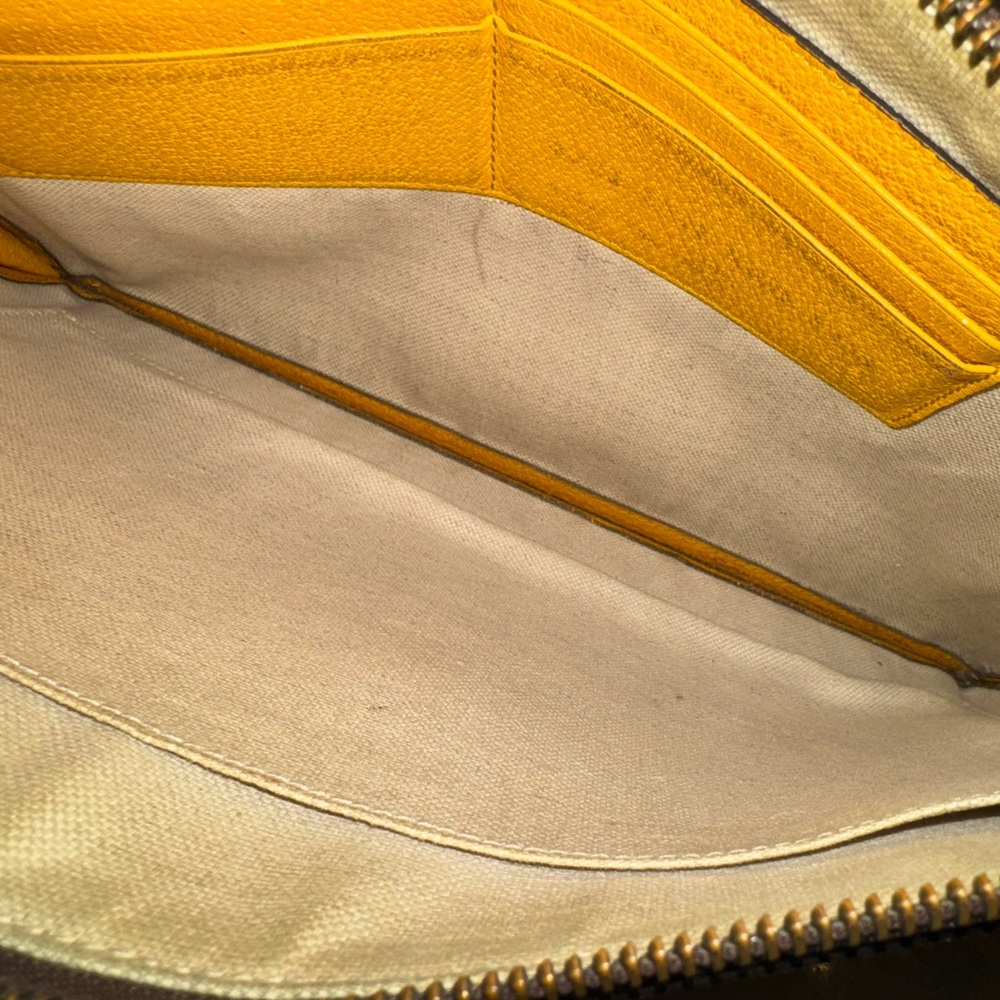 Gucci Brown GG Monogram Wristlet with Gold Logo and Yellow Strap - Picture 9 of 11